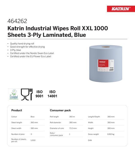 Бумага для протирания в рулонах Katrin Classic Industrial XXL2 laminated, голубой, 2 слоя, 180 м, 500 листов, 1 рулон 481153 фото