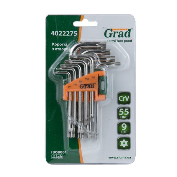 Ключі TORX 9шт T10-T50мм CrV (короткі з отвором) GRAD (4022275) 4022275 фото