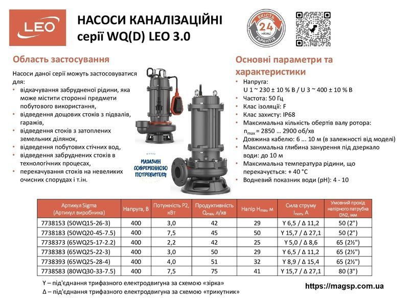 Каналізаційний насос 400В 3 кВт LEO 3.0 50WQ15-26-3 7738153  фото