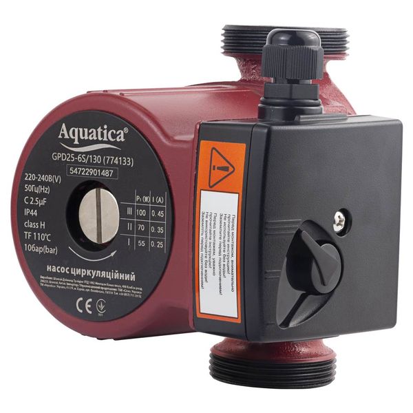 Насос циркуляційний 100Вт Hmax 6м Qmax 75л/хв Ø1½" 130мм+гайки Ø1" AQUATICA (774133) 774133 фото